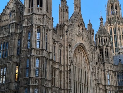 The exterior of the House of Commons building at Westminster, showing its Gothic architecture and iconic features