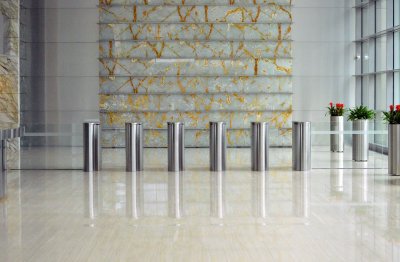 Exterior of a large contemporary office or corporate building with glass and steel architecture, typical of major business headquarters